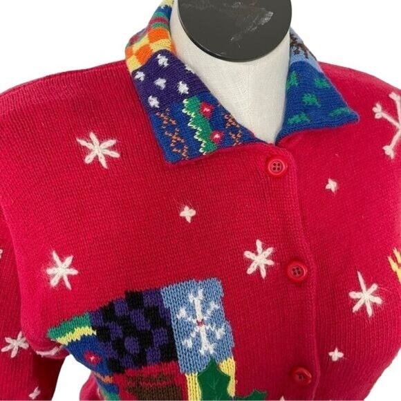 Design Options Phillip Jane Gordon Cardigan Holiday Snowman Patchwork Medium VTG - Picture 15 of 16